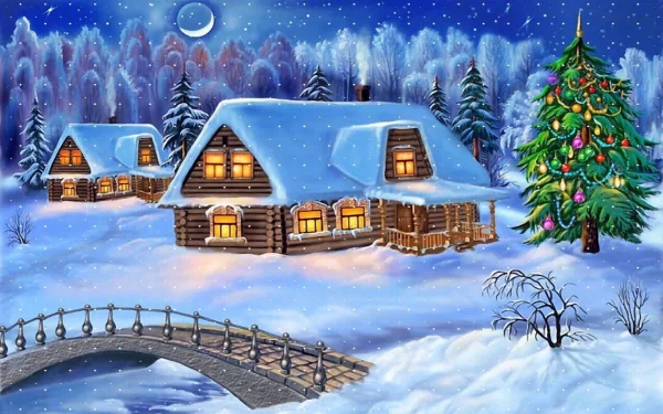 A cozy winter scene featuring a snowy landscape, charming wooden cabins, and a brightly decorated Christmas tree, creating a festive holiday atmosphere.