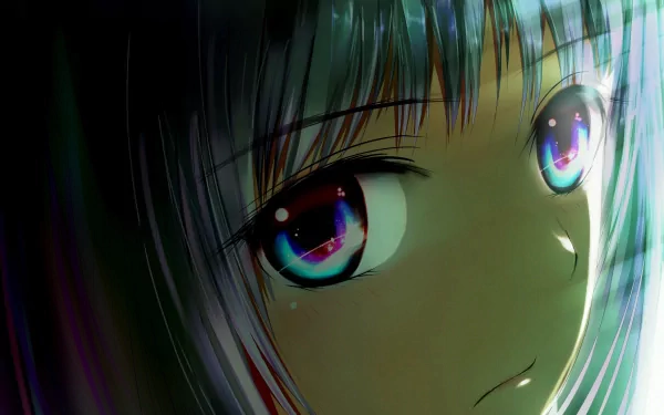 Close-up of an anime character from Kami-sama No Memo-Chou with striking, colorful eyes. This HD desktop wallpaper offers a vibrant, detailed visual for fans.