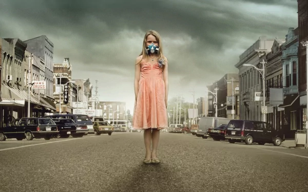 HD desktop wallpaper from the movie The Crazies showing a young girl in a pink dress wearing a gas mask, standing alone on a deserted town street under a cloudy sky.