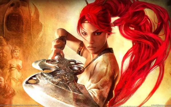 HD desktop wallpaper featuring the warrior heroine from the video game Heavenly Sword, poised with her intricately designed blade against a warm, dramatic background.