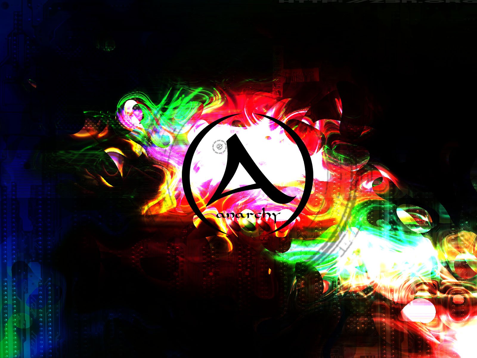 HD PC desktop wallpaper featuring a vibrant, colorful abstract background with a prominent anarchy symbol at the center, blending chaos and digital art elements.