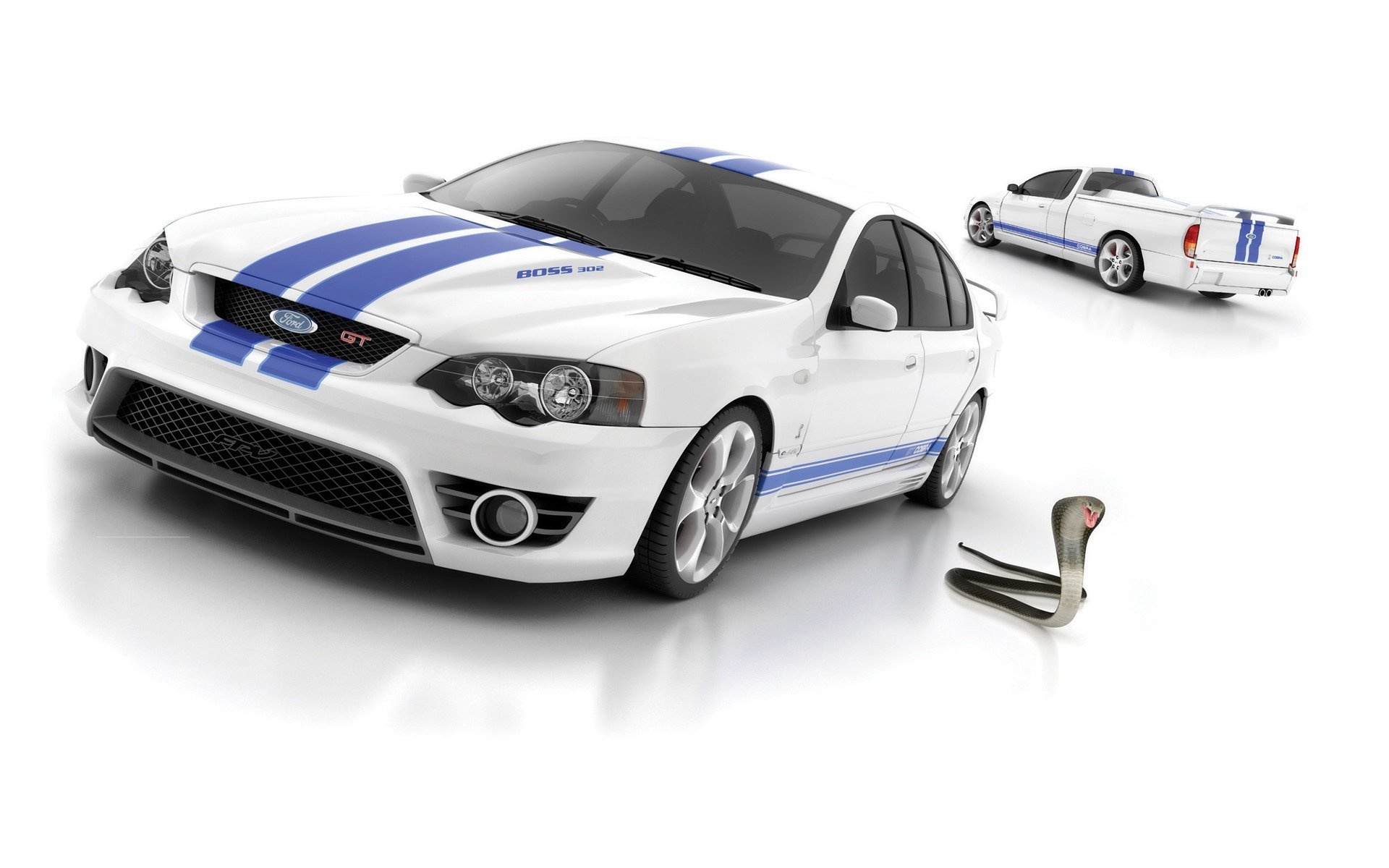 HD PC desktop wallpaper of a white Ford Mustang Cobra vehicle with blue racing stripes, front and rear views and a cobra emblem on a clean white background.