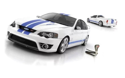 HD PC desktop wallpaper of a white Ford Mustang Cobra vehicle with blue racing stripes, front and rear views and a cobra emblem on a clean white background.