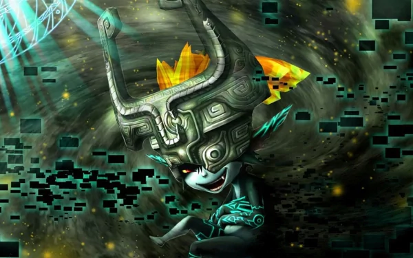 HD wallpaper featuring Midna from The Legend of Zelda: Twilight Princess, set against a mystical, abstract background filled with swirling patterns and vibrant colors.