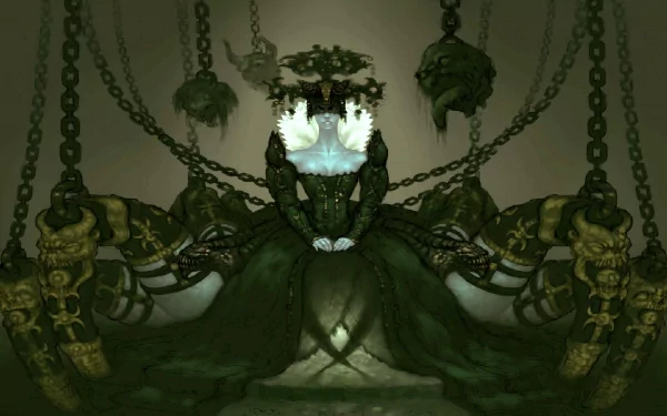 HD desktop wallpaper of Cydaea from Diablo III, featuring an occult and demon theme. Cydaea, a sinister figure from the video game, is depicted in a dark, eerie setting with chains and mystical elements.