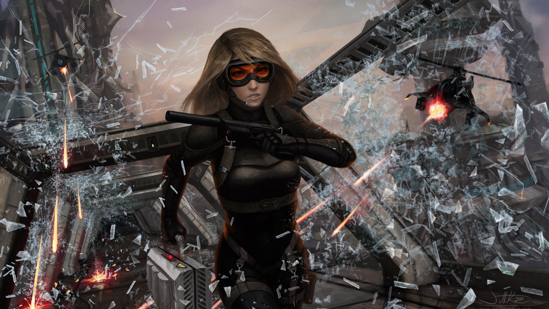 Sci Fi Women Warrior in a pistol-wielding bodysuit and goggles.