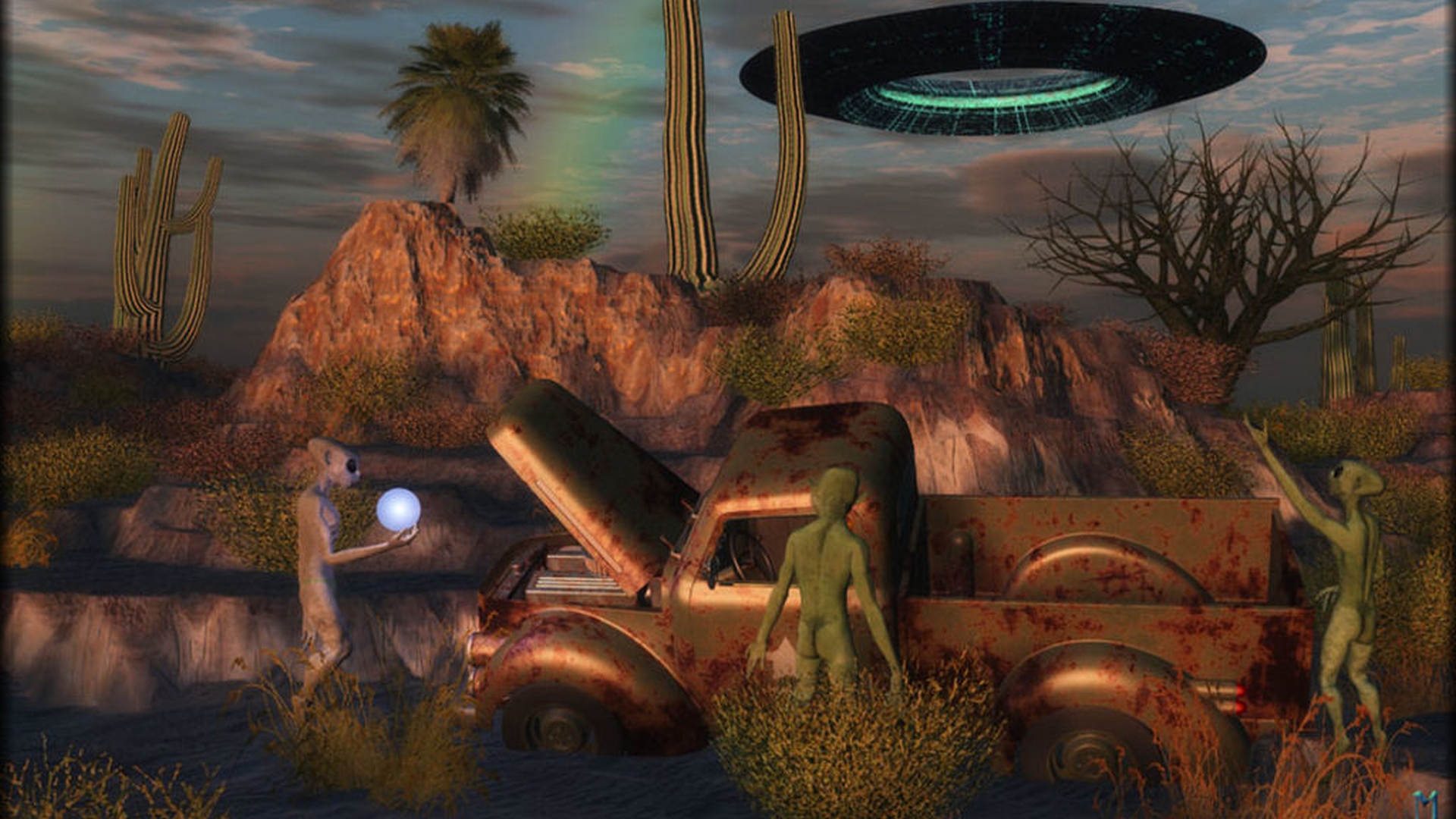 A surrealistic Sci-Fi desktop wallpaper featuring an imposing alien-like creature.
