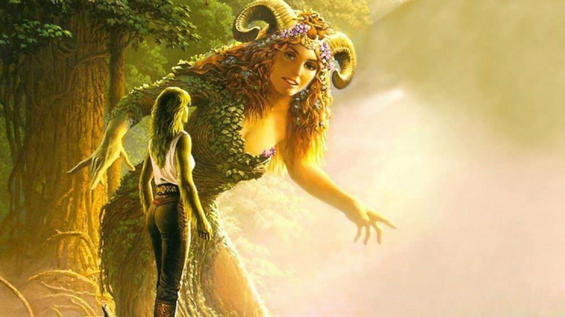 A fantasy sylvan scene featuring a mystical horned woman with flowing red hair emerging from a tree, reaching toward a smaller figure in a sunlit forest.