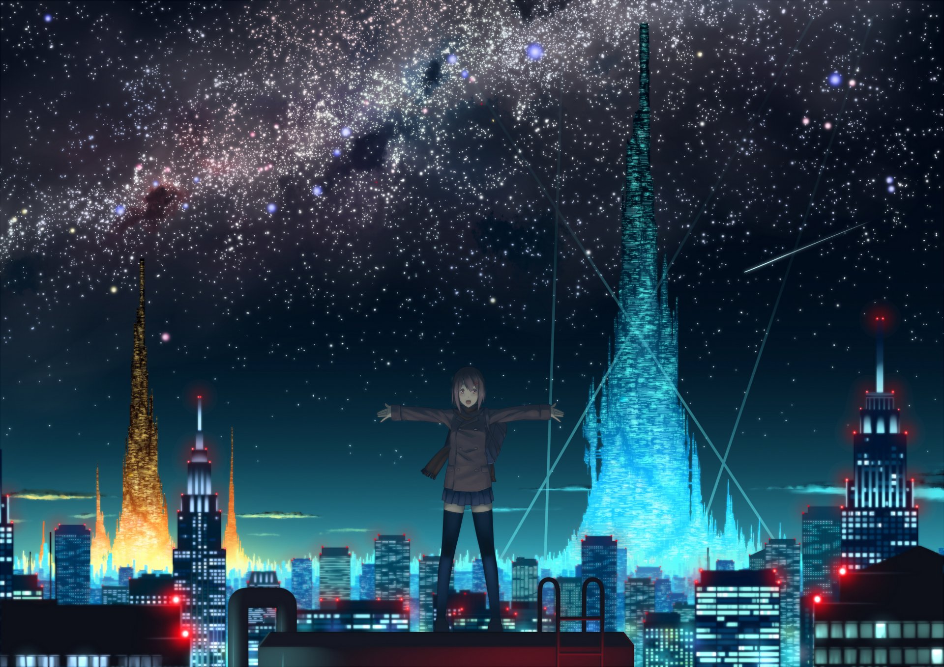 A vibrant anime scene featuring a figure with outstretched arms against a dazzling starry night sky, overlooking a futuristic city filled with colorful towers and glowing lights.