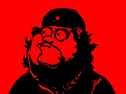 A bold HD desktop wallpaper featuring a stylized character from Family Guy, depicted in a striking red and black theme, embodying a communist aesthetic.