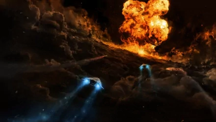 HD Sci-Fi desktop wallpaper featuring a dramatic space scene with spaceships and a fiery explosion against a dark, cloud-filled backdrop.