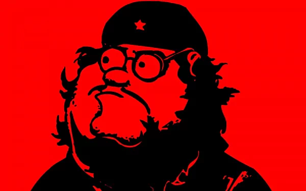 A bold HD desktop wallpaper featuring a stylized character from Family Guy, depicted in a striking red and black theme, embodying a communist aesthetic.