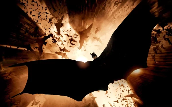 HD desktop wallpaper featuring a dramatic scene from the movie Batman Begins, showcasing Batman silhouetted against a backdrop of bats.