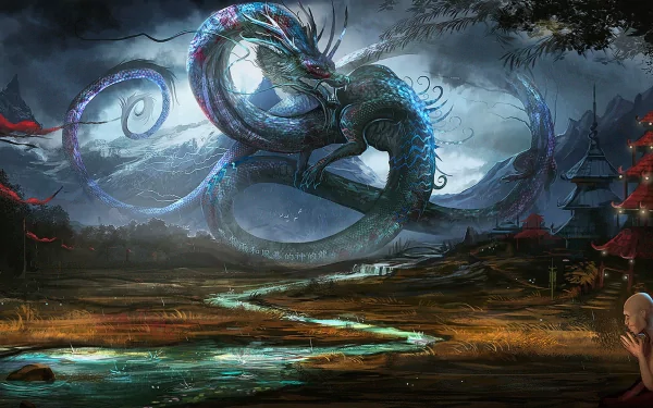A mystical scene featuring a dragon entwined around a mountain, with an oriental temple in the background and a monk in the foreground, creating a captivating fantasy atmosphere.