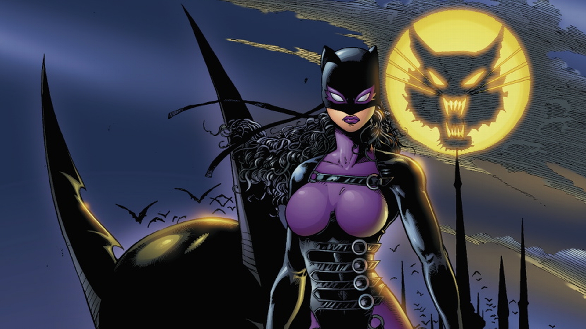 A stylish catwoman in a comic-themed desktop wallpaper.