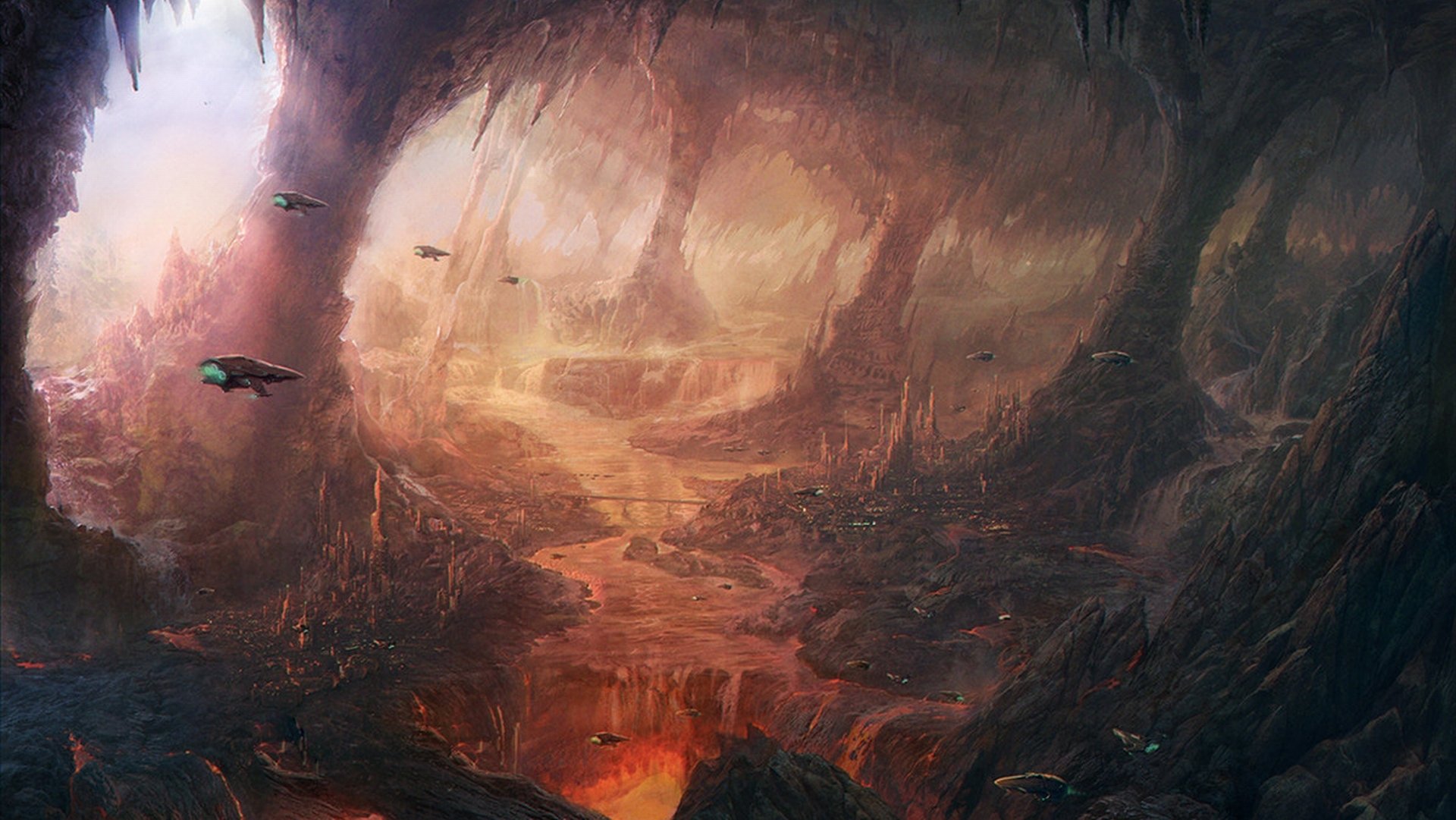 A stunning sci-fi landscape featuring a cavernous environment with glowing elements and hovering spacecraft, making it a captivating HD desktop wallpaper.