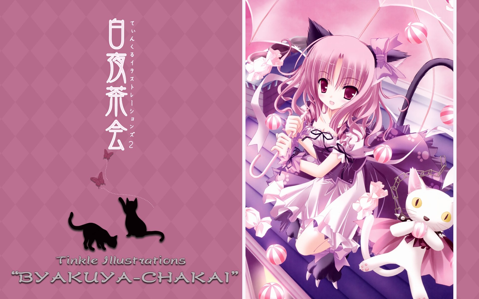 HD anime PC wallpaper in Byakuya-Chakai style: pink-haired catgirl in a frilly dress with ribbons, playful black cat silhouettes and a white magical cat on a pink patterned backdrop.