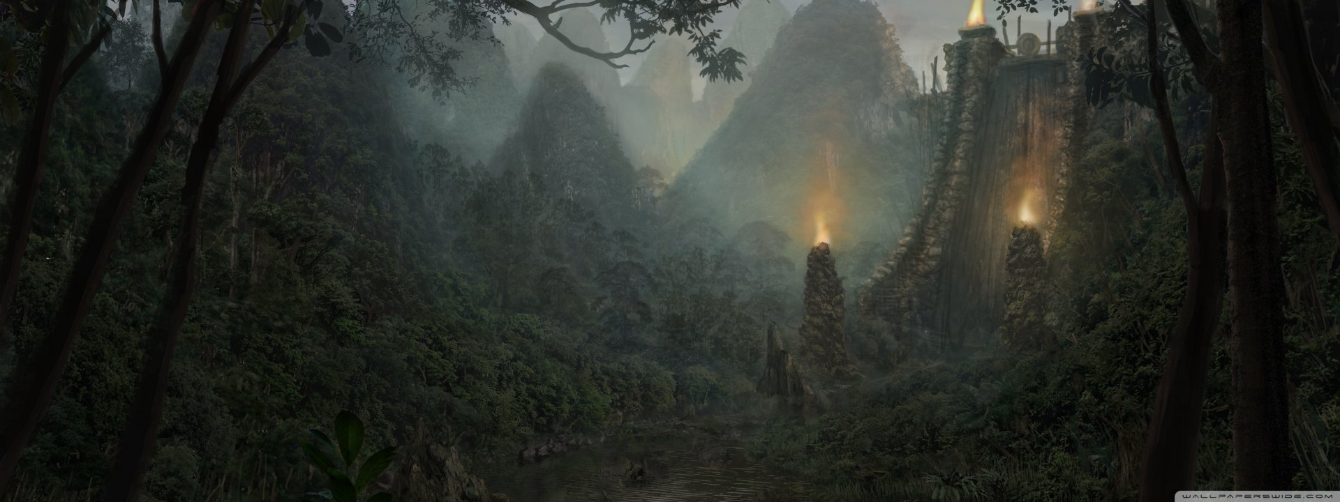 A misty fantasy landscape with towering rocky spires and glowing lanterns, set in a dense, dark forest—a captivating HD PC desktop wallpaper and background.