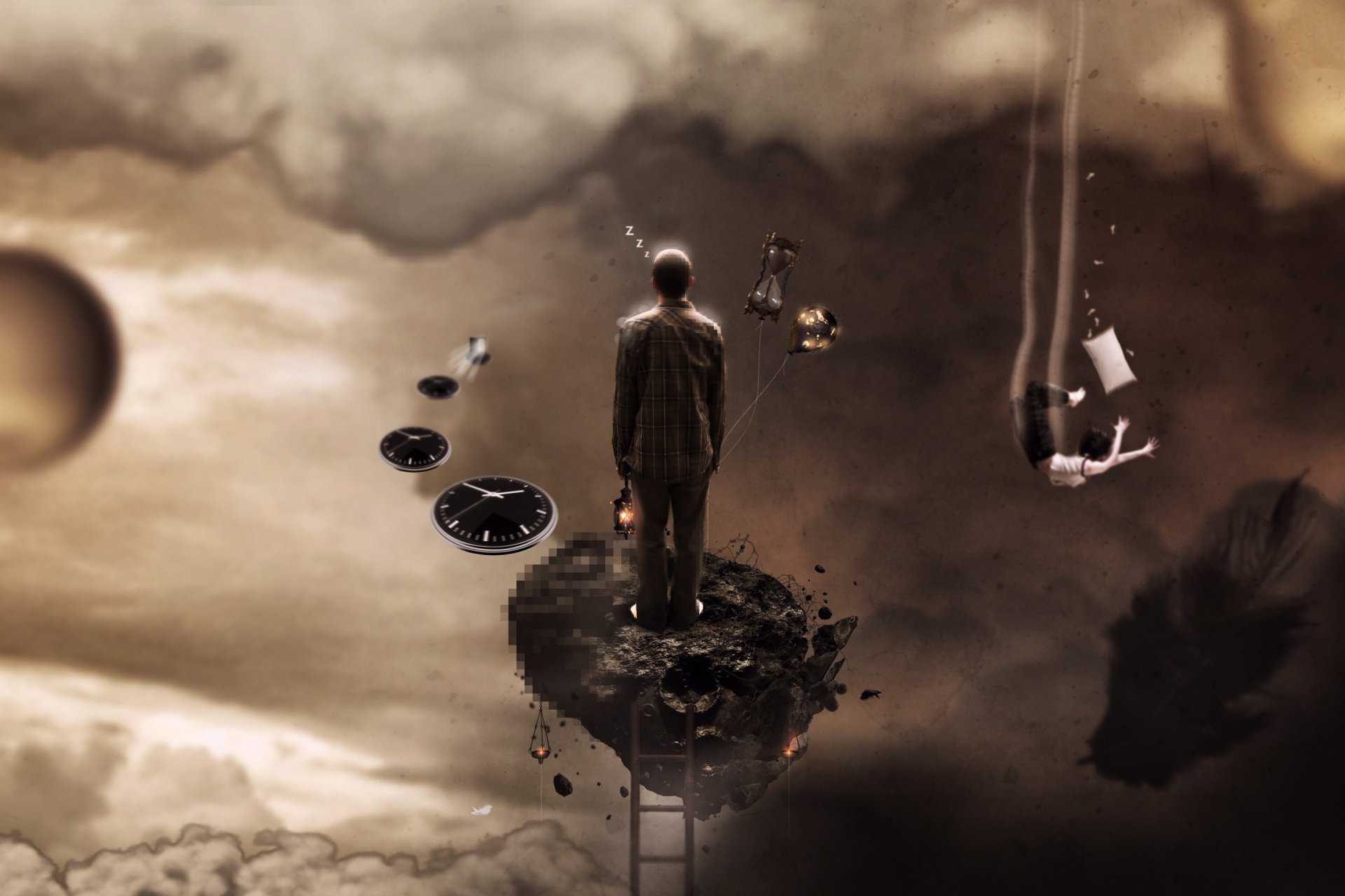 A dark, artistic HD wallpaper depicting a lone figure standing on a floating island amidst surreal elements, including clocks and suspended objects, evoking a sense of mystery and introspection.