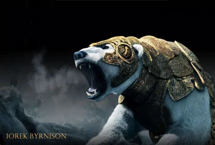 HD PC desktop wallpaper featuring Iorek Byrnison, the armored polar bear from the movie The Golden Compass, roaring against a dark, misty background.