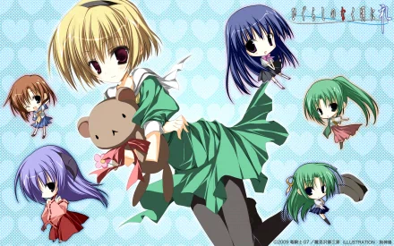 HD anime desktop wallpaper featuring Hōjō Satoko and other characters from Higurashi When They Cry against a patterned blue background.