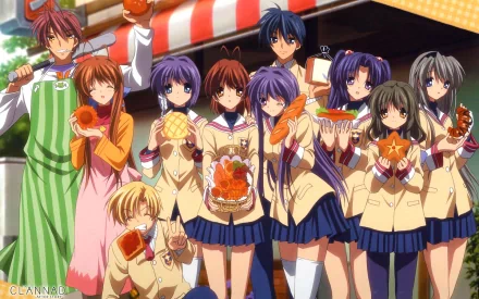 A vibrant HD wallpaper featuring characters from the anime Clannad, including Fuuko Ibuki, Kotomi Ichinose, and Tomoya Okazaki, enjoying a festive gathering with various foods.