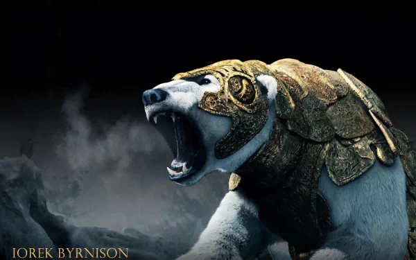 HD PC desktop wallpaper featuring Iorek Byrnison, the armored polar bear from the movie The Golden Compass, roaring against a dark, misty background.