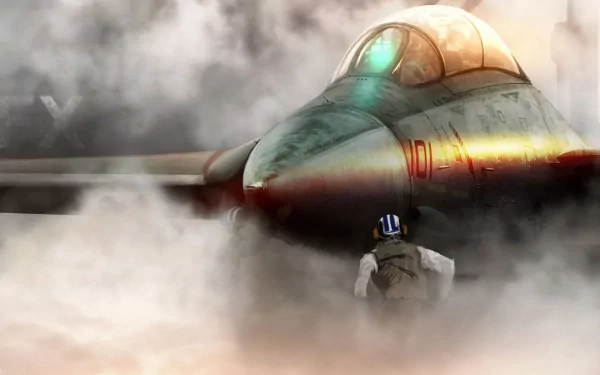 HD desktop wallpaper featuring a Grumman F-14 Tomcat military aircraft emerging through fog with a pilot approaching its cockpit.