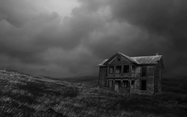 Dark, haunted abandoned house under a stormy sky on a desolate landscape, captured as an HD PC desktop wallpaper and background.