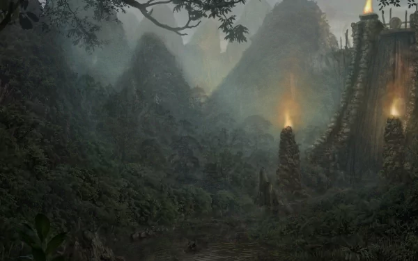 A misty fantasy landscape with towering rocky spires and glowing lanterns, set in a dense, dark forest—a captivating HD PC desktop wallpaper and background.