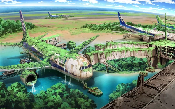 A vibrant HD wallpaper depicting a post-apocalyptic landscape, featuring abandoned planes overgrown with vegetation near a tranquil blue lagoon under a clear sky.