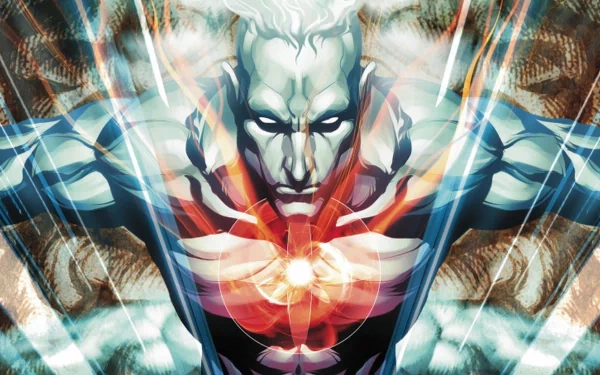 Comic Captain Atom HD PC desktop wallpaper background: armored, glowing figure floats forward with radiant chest nucleus, metallic skin and streaking light beams across a cosmic backdrop.