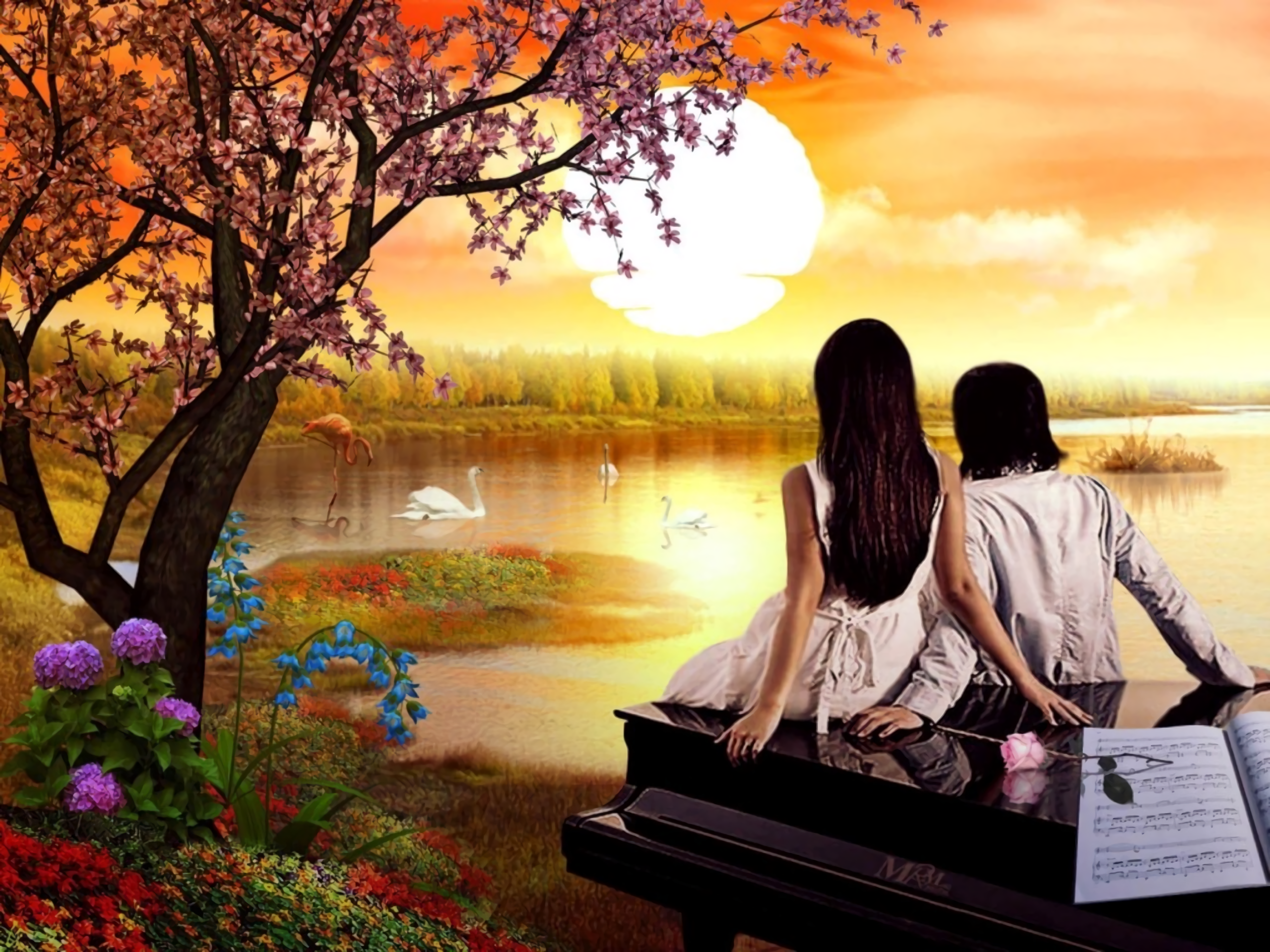 A serene sunset at a pond, featuring beautiful flowers and an artistic expression of love.