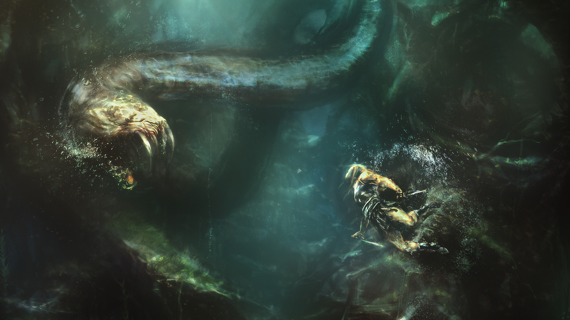 A mesmerizing fantasy scene featuring a formidable sea monster in the Beowulf TG desktop wallpaper.