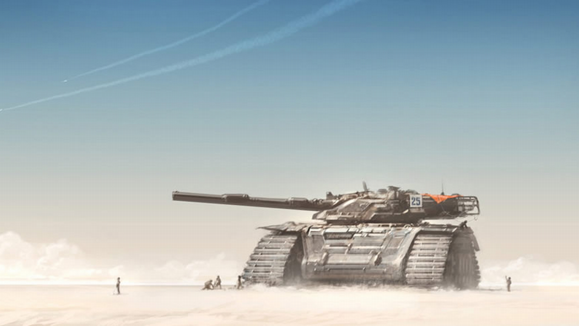 A striking sci-fi desktop wallpaper set in a vast desert, inspired by military aesthetics.