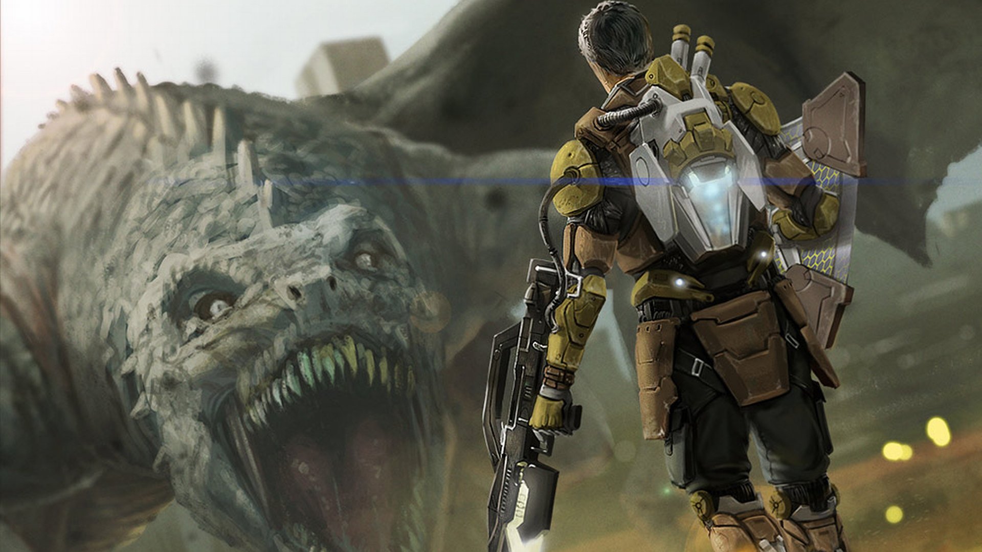 Fantasy dragon HD PC desktop wallpaper/background: armored futuristic soldier aims a rifle at a towering snarling dragon amid dust and ruined structures.