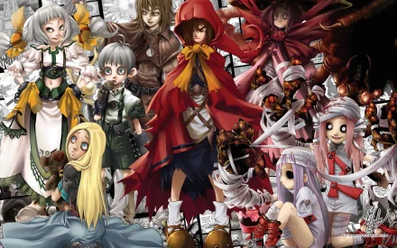 A vibrant HD wallpaper featuring characters from the Ever After comic series. The image showcases a diverse group of dolls in striking poses against a dramatic backdrop.