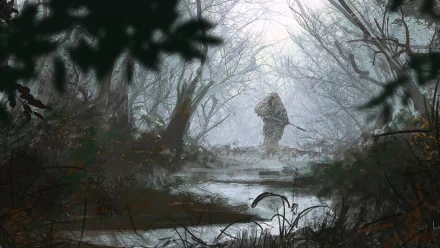 An HD wallpaper of a military sniper in camouflage, blending into a misty, dense forest, embodying stealth and precision. The backdrop features a tranquil, fog-laden woodland scene.