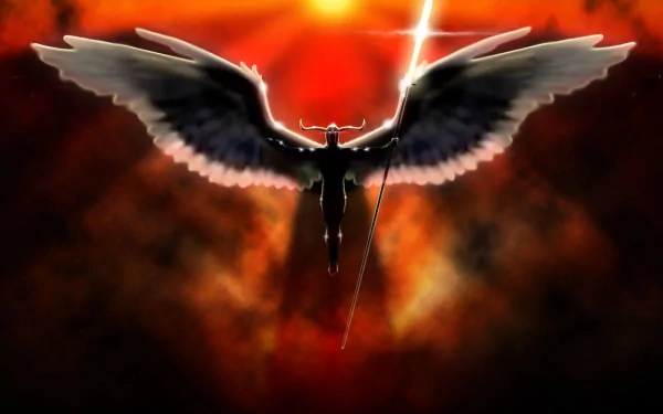 A dramatic HD wallpaper depicting a fallen angel warrior wielding a spear, set against a fiery backdrop with expansive wings, embodying fantasy and strength.