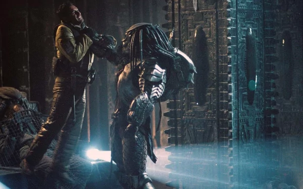 A dramatic HD wallpaper from AVP: Alien vs. Predator, featuring the Celtic Predator confronting a human amid an ancient, atmospheric setting.