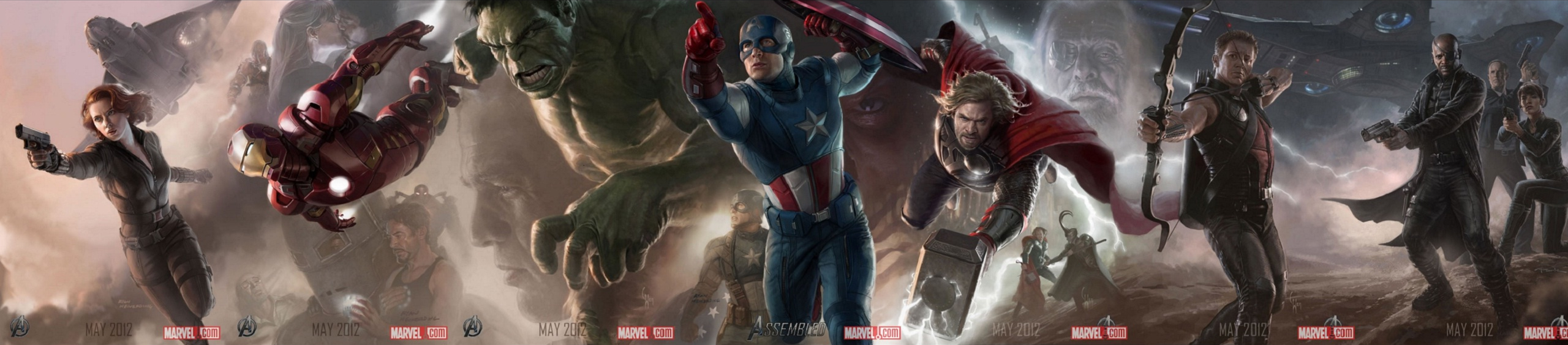 The Avengers superhero team assembled: Black Widow, Iron Man, Hulk, Captain America, Thor, Hawkeye, and Nick Fury.