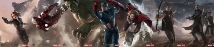 HD PC desktop wallpaper featuring Avengers superheroes including Hulk, Captain America, Thor, Iron Man, Black Widow, Hawkeye, and Nick Fury in an action-packed movie poster style.