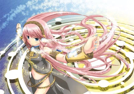 HD PC desktop wallpaper of Luka Megurine (Vocaloid) in anime style, pink-haired singer with flowing hair and gold-trimmed outfit over a glowing circular background.