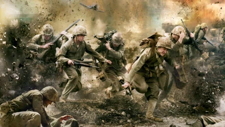 HD desktop wallpaper depicting an intense battle scene from the TV show The Pacific (2010), featuring soldiers in World War II combat amidst explosions and smoke.