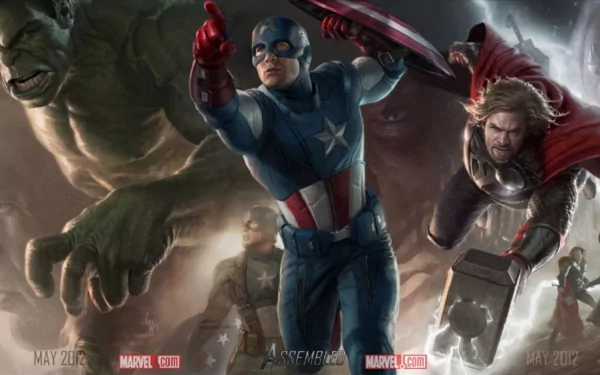 HD PC desktop wallpaper featuring Avengers superheroes including Hulk, Captain America, Thor, Iron Man, Black Widow, Hawkeye, and Nick Fury in an action-packed movie poster style.