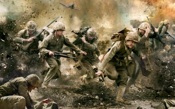 HD desktop wallpaper depicting an intense battle scene from the TV show The Pacific (2010), featuring soldiers in World War II combat amidst explosions and smoke.