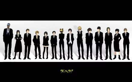 A sleek HD wallpaper featuring characters from the anime Durarara!!, lined up in stylish suits against a minimalist background, showcasing their distinctive personalities.