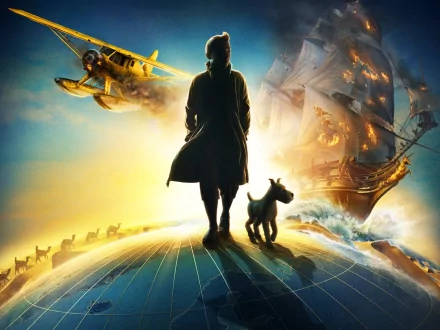An HD desktop wallpaper featuring iconic scenes from The Adventures of Tintin, showcasing Tintin, his dog, and adventure elements like an airplane and pirate ship against a vibrant backdrop.