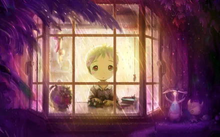 A whimsical HD wallpaper featuring a character from the video game Elebits gazing out a rainy window, surrounded by colorful decorations and a warm, enchanting atmosphere.