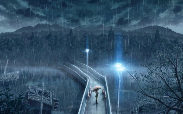 HD anime desktop wallpaper featuring a rainy night scene on a bridge with glowing streetlights and a figure walking amidst dark, mountainous surroundings.